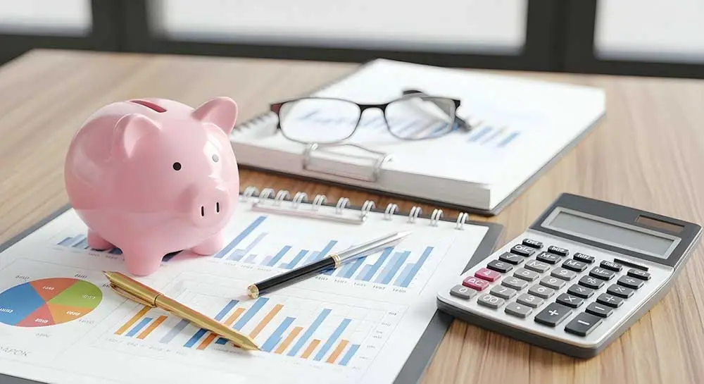 Retirement planning documents, calculator, and savings